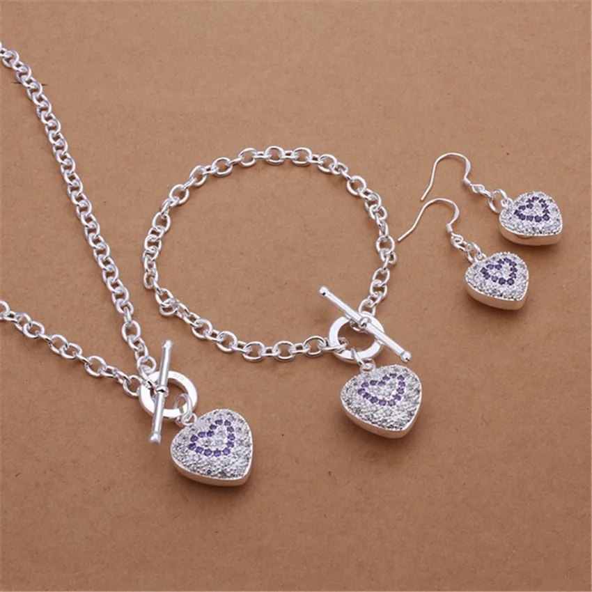 

925 sterling silver chain fashionable luxury charm jewelry women's amethyst heart-shaped necklace bracelet earrings wedding set