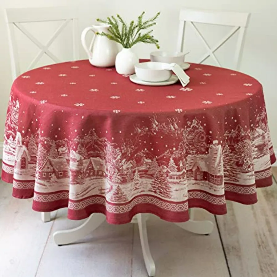 

Engineered Jacquard Heavywght Fabric Holiday Winter Christmas Tablecloth with Christmas Story Design 70 Inch Round Table Cover