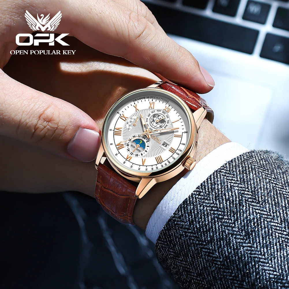 Opk-メンズ防水時計、ブランドストラップ、ナイトライト、8153