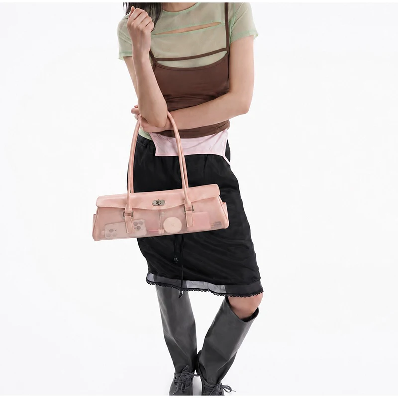 Transparente Macaron-Farbene Schnallen-Flip-Hobo-Unterarmtasche, Leichte Damen-Handtasche mit Obergriff, Französisch-Schicke Lange Henkeltasche – Detail 4