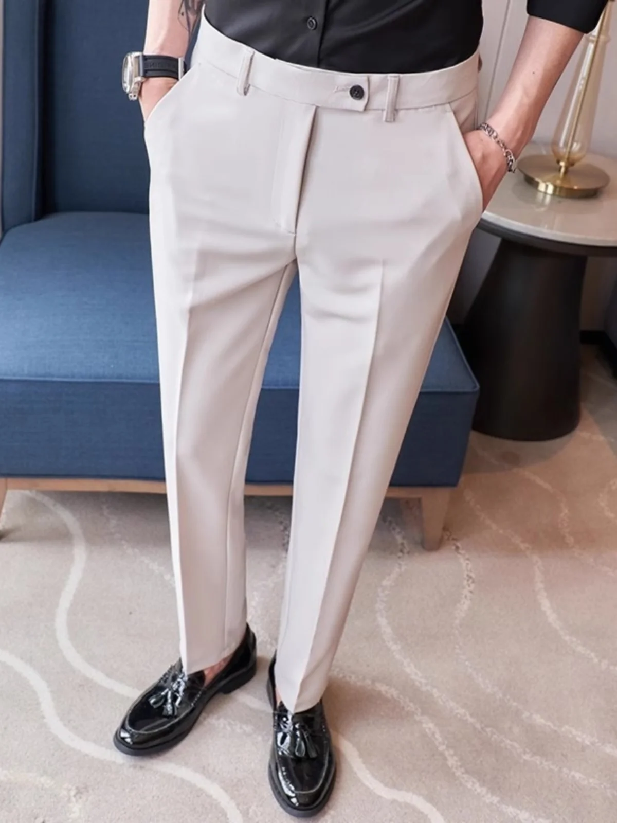 Business Casual Men's Pants Lightweight Spring Summer Straight Leg Long Trousers Slim Fit Nine Points White Dress Pants