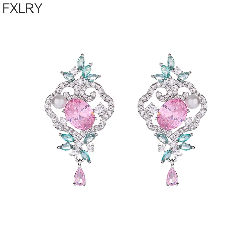 

FXLRY Summer Temperament Guofeng Zircon S925 Silver Needle Retro Xiangyun Earrings For Women