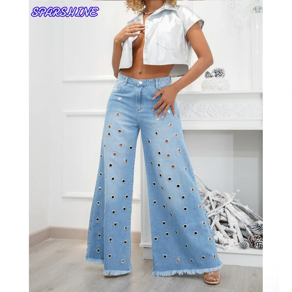 Calça jeans azul casual feminina, calças largas soltas, com design de moda, calça jeans, jeans buraco, streetwear, novo, Y2k, 2024