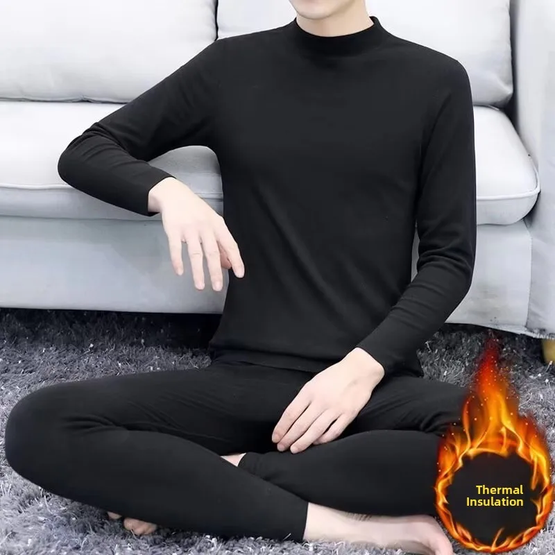 Double-Sided German Velvet Heated Self-Warming Half-High Collar Men's Autumn Winter Thermal Underwear Set Large Size Anti-Col...