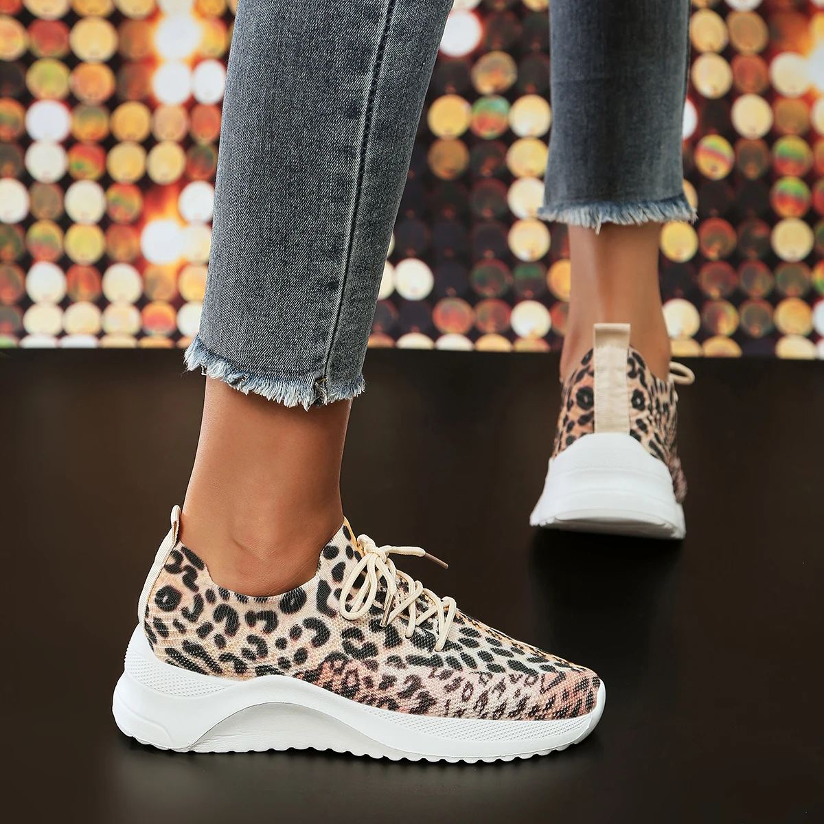 fashion leopard knitted sneakers women autumn 2023 comforatble slip on soft bottom casual shoes woman platform flats sneakers