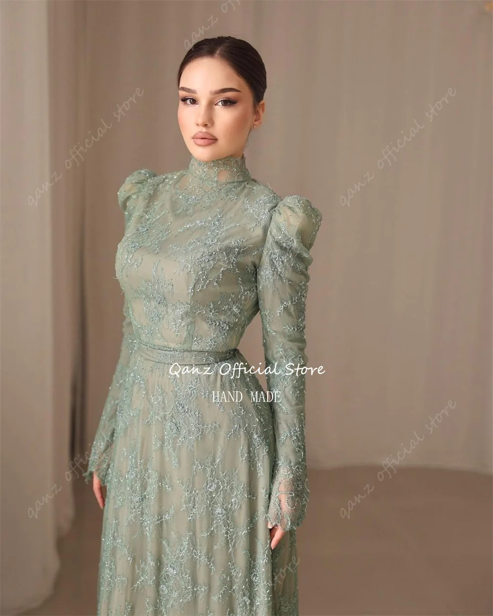 Qanz Sage Green Lace Evening Dresses Appliques Long Sleeves Formal Occasion Dresses Vestidos Para Eventos Especiales Customized