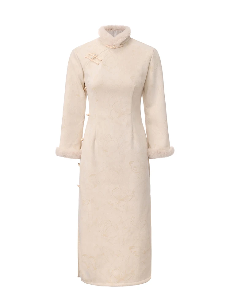 

Warm Thiened Young Sle New Chinese National Wind Rice White Qipao Long Dr Low Slit Daily Wear Floral Patterned