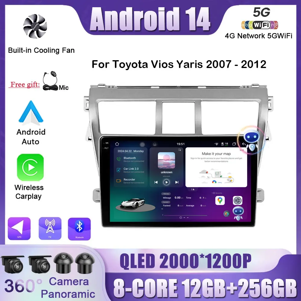 

Автомагнитола для Toyota Vios Yaris 2007-2012, Android 14, мультимедийный плеер, навигация, Carplay, GPS, автомобильная стереосистема, интеллектуальная система