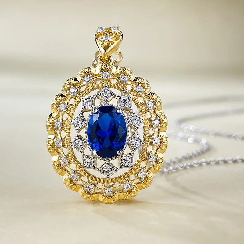 S925 Silver Crafts Palace Style 6 * 8 Sapphire Necklace Pendant Wholesale for Women