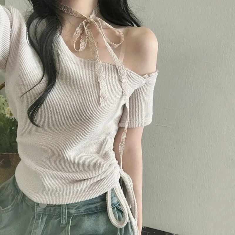 

Women Summer Ribbed Crop Tops Slim Fit Solid Color Off One Shoulder Short Sleeve T Shirts Korean Style Y2K Streetwear