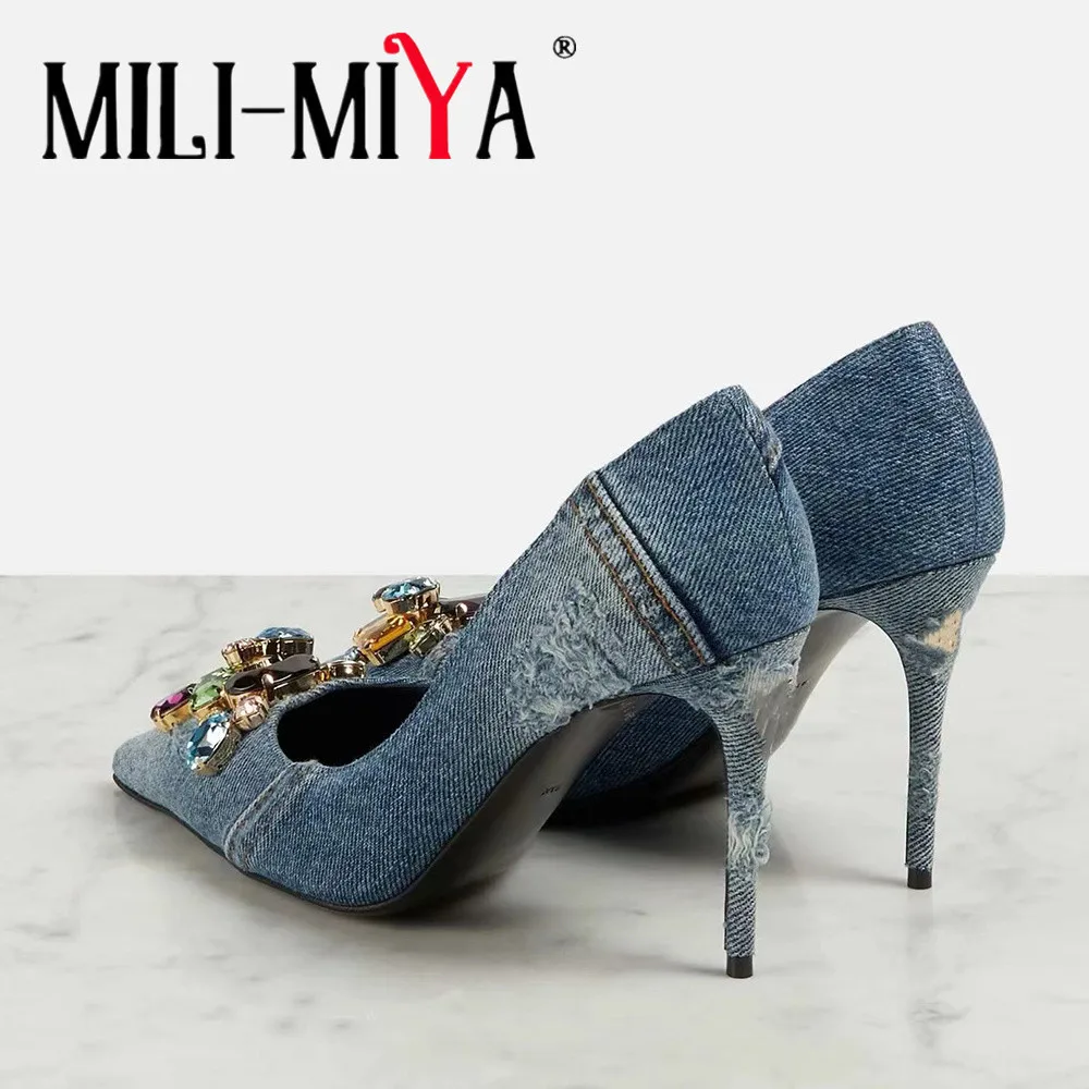 MILI-MIYA Fashion Pointed Toe Women Denim Pumps Sexy Super High Thin Heels Crystal Slip On Dress Party Shoes Big Size 34-43