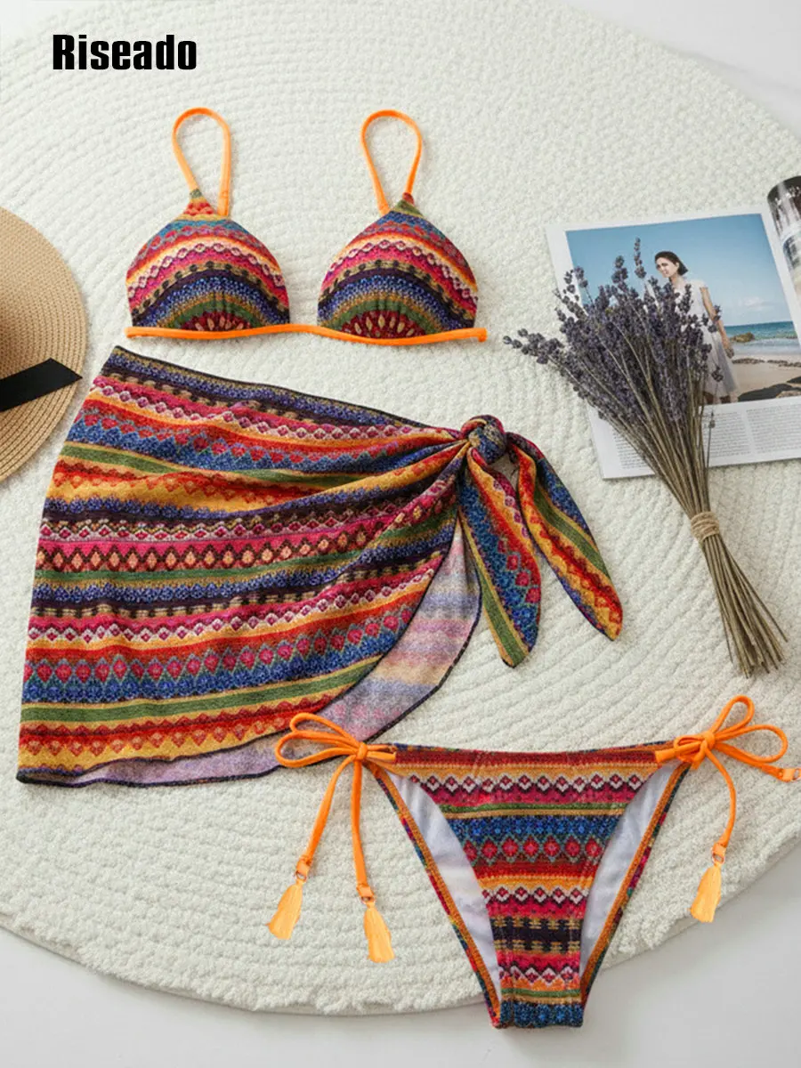 Sexy Colorful Striped Biquini Women's 3 Pieces Swimwear Halter Boho Bikini Set with Drawstring Beach Skirt Bathing Suit