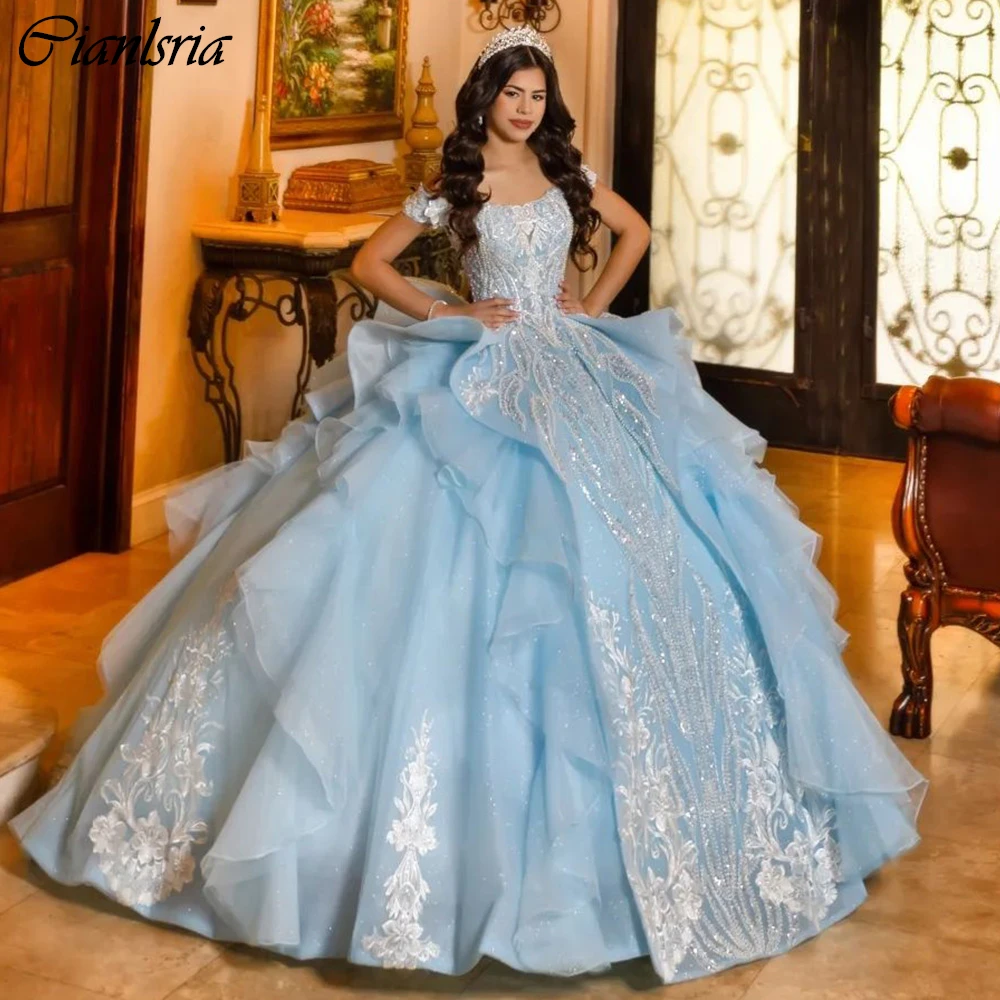 Lichtblauwe Kralen Ruches Baljurk Quinceanera Jurken Van De Schouder Lovertjes Appliques Kanten Corset Vestidos De 15 Años