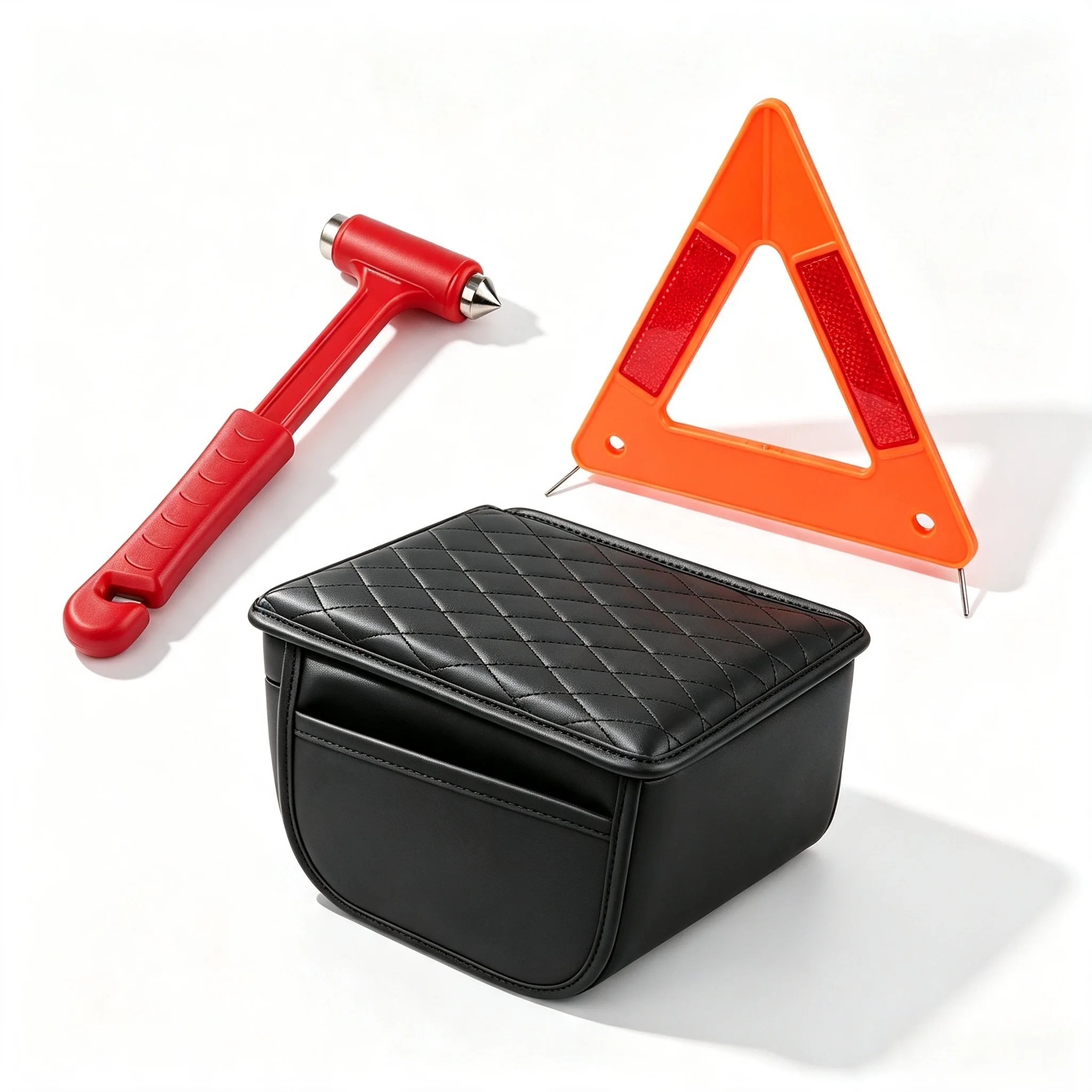 【3-Piece All-in-One Kit】Contains Reflective Warning Triangle, Car Window-Breaking Hammer and Quilted Zipper Storage Pouch, Complete Roadside Breakdown Supplies for Vehicle Use.