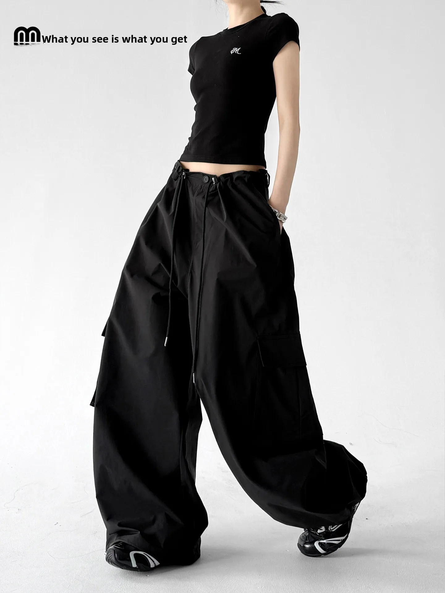 

Черные широкие брюки-карго для женщин, летние, новые, с высокой талией, повседневные, свободного кроя, для высоких, стройнящие