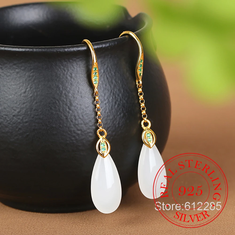 

925 Sterling Silver Jewelry Natural Jade Waterdrop Crystal Drop Earrings for Women Wedding Party Jewelry For Girls Friend Gift