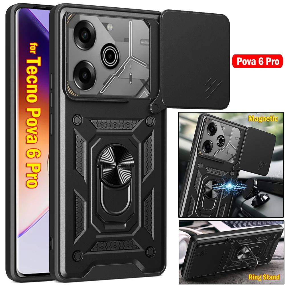 Slide Lens Armor Funda for TECNO Pova 6 Pro Case Magnetic Ring Stand Holder Cover for Tecno Pova 6 Pro 5G Case Shockproof Capa