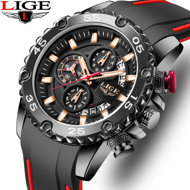 

Мужские спортивные часы LIGE: модные, повседневные, с силиконовым ремешком, водонепроницаемые, с календарем, креативный дизайн, кварцевые наручные часы для мужчин