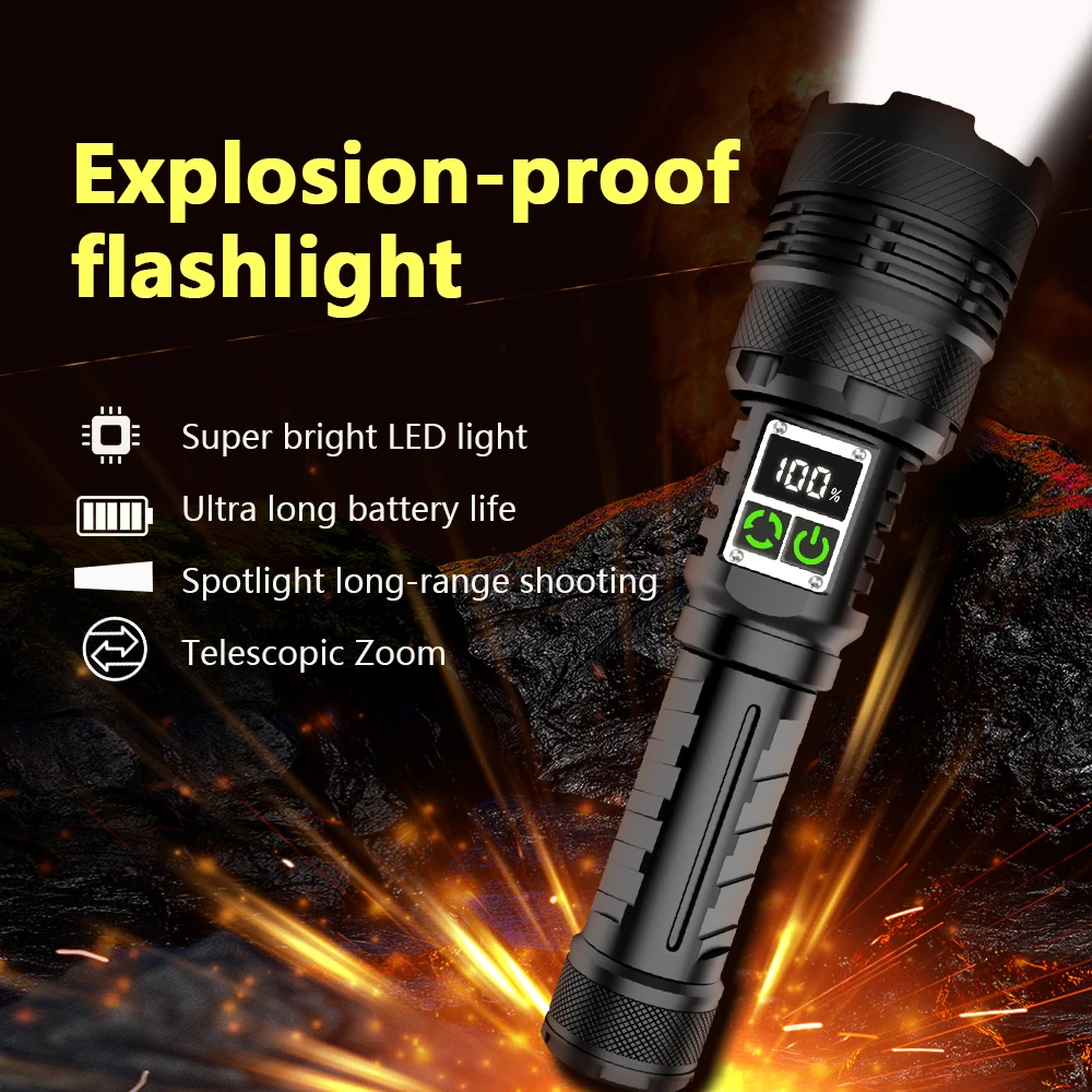 Most Powerful Explosion-proof LED Flashlight Strong Light Lantern USB Rechargeable Long Range Tactical Torch Lamp