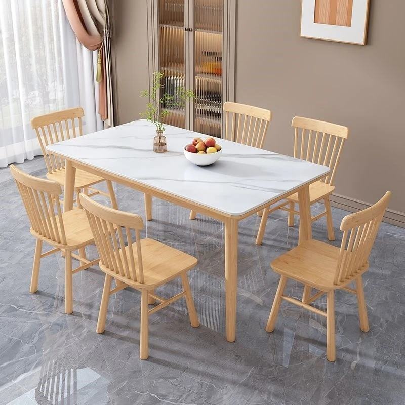 

Slate dining table household small apartment Nordic rubber wood pure solid wood combination rectangular
