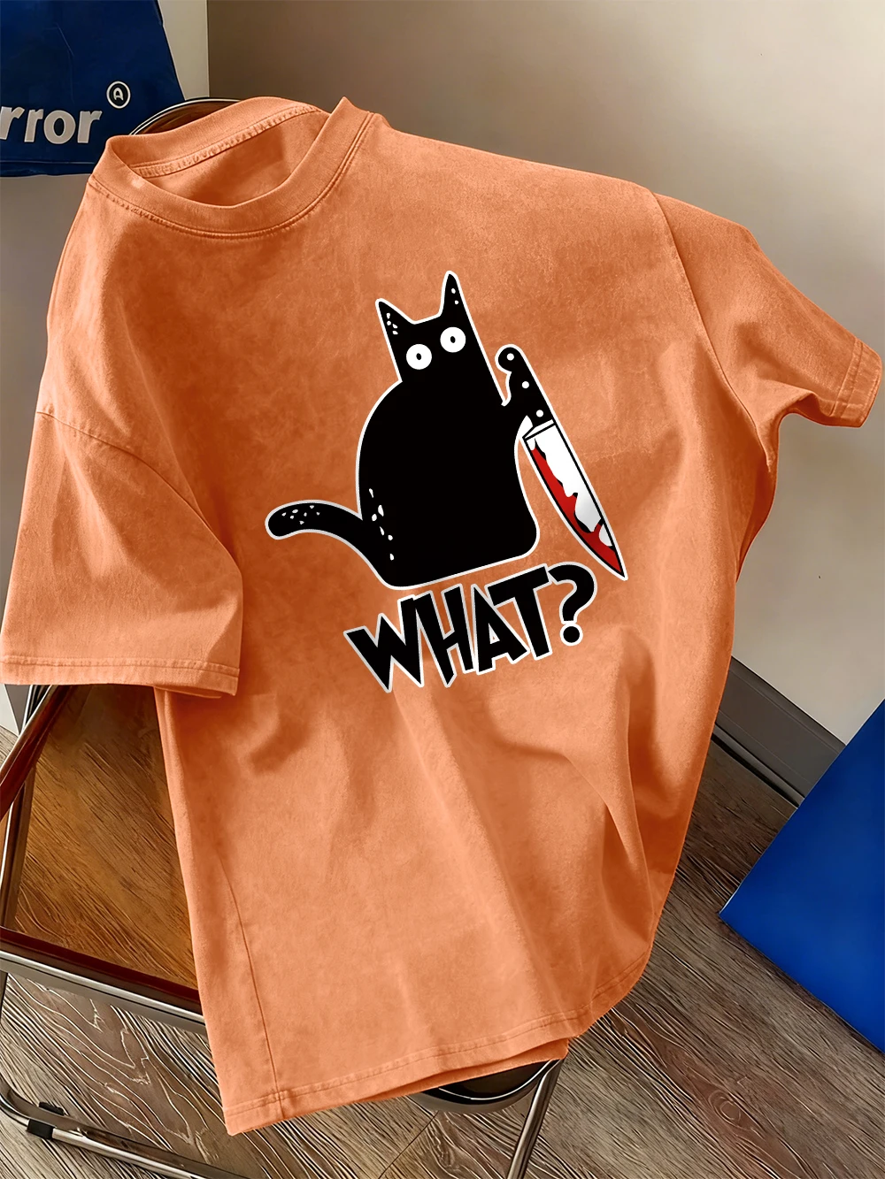 Schwarze Katze hält ein Messer, bedruckt, gewaschene T-Shirts, Damen-Baumwolle, kurzärmelig, Tops, Hip-Hop, O-Ausschnitt, übergroßes T-Shirt, Sommerkleidung