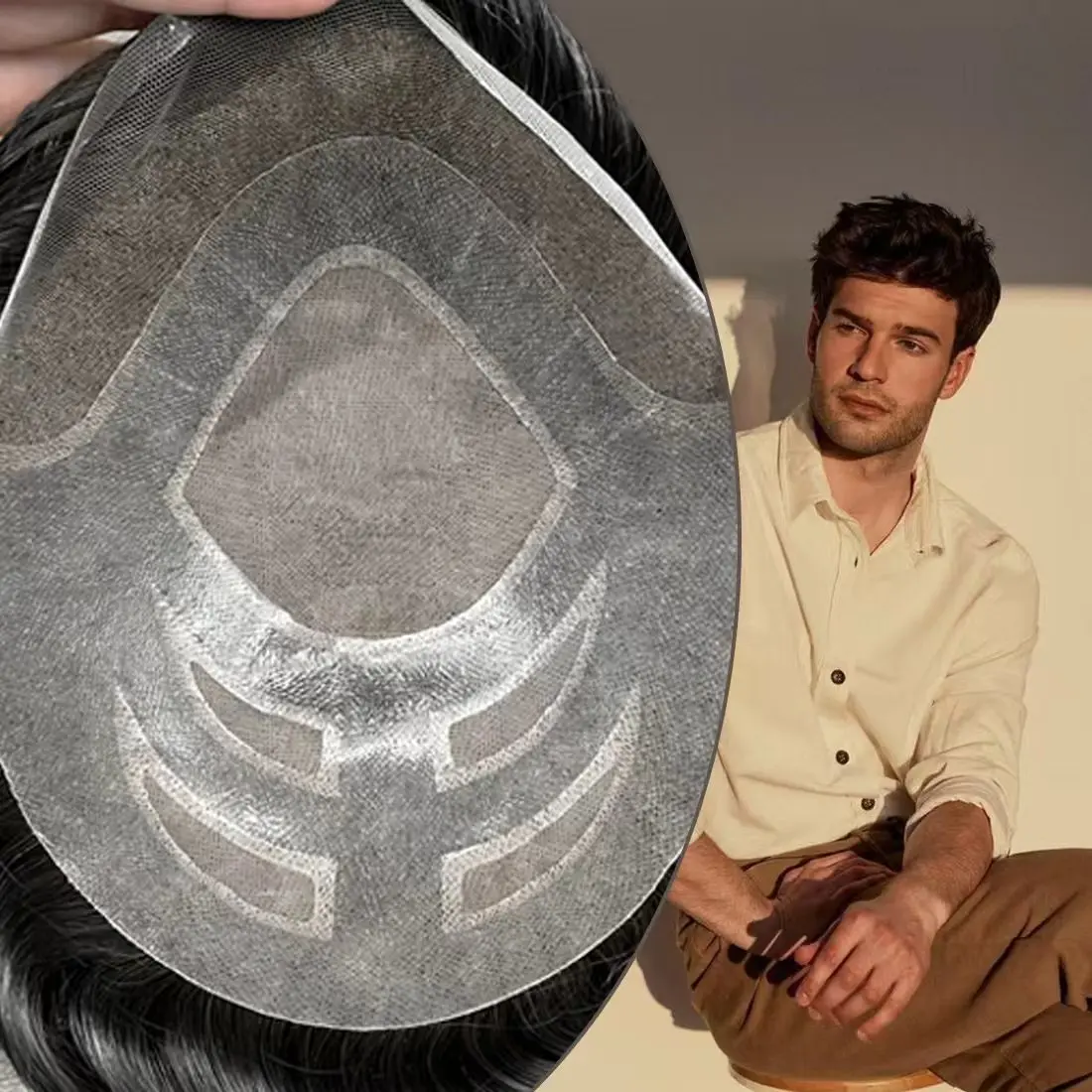 

Мужской парик-накладка премиум-класса: натуральный вид, дышащий, легкий, мягкий, прочный – для маскировки истонченных волос и облысения