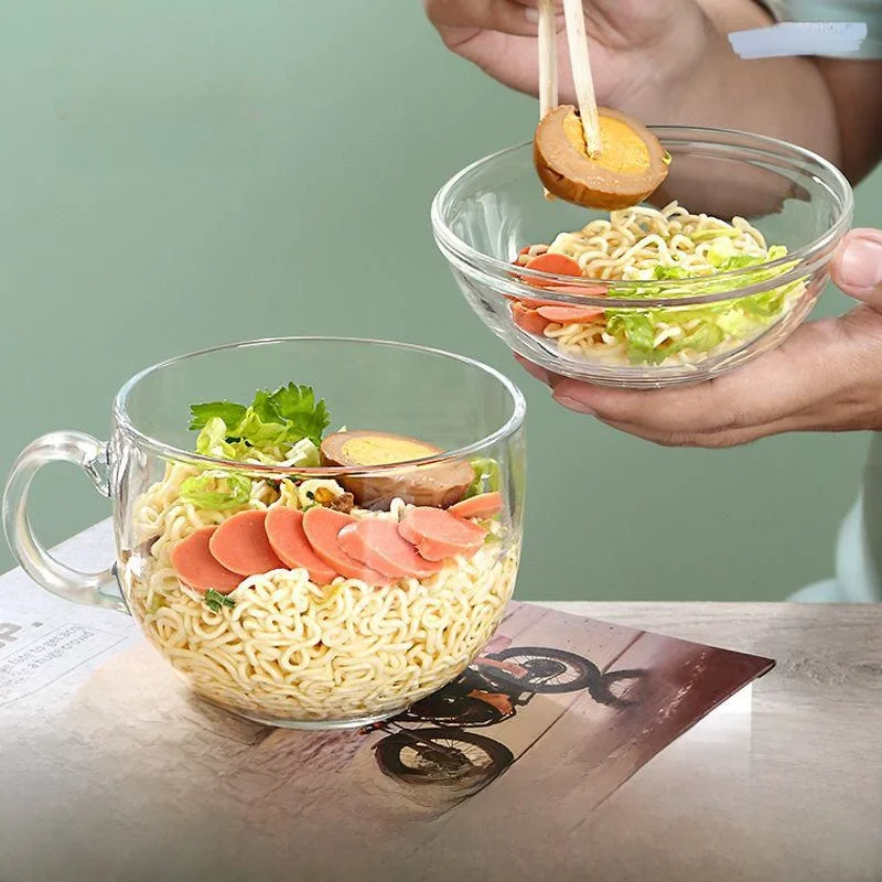 

Large Capacity Thickened Glass Bowl with Lid And Handle for Noodles Drinking Water Transparent Household Utility Bowl