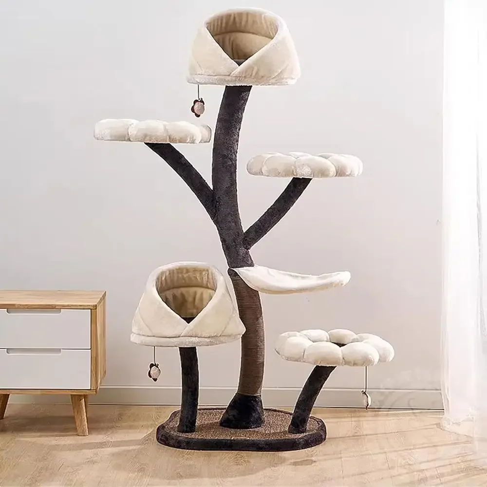 63.8 Tall 6-Tier Cat Tower with Resting Platforms & Scratching Posts for Large or Small Cats, Activity Center (Brown + White)