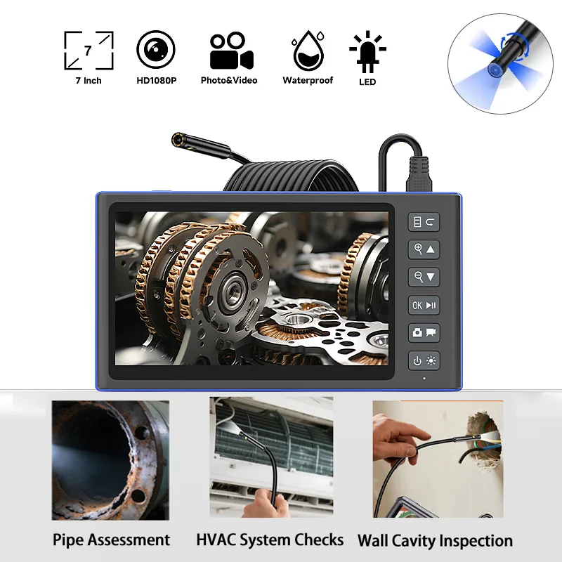 

1080P HD Camera Borescope 7 '' IPS Screen Endoscope with Light IP67 waterproof 1-15M Hard Cable for Pipe Photo Video