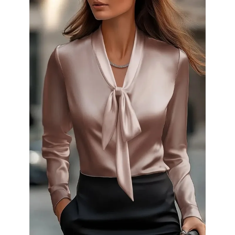

New Fashion Elegant Solid Color Lace-up Blouses Satin Long-sleeved Shirt for Women