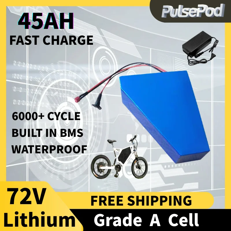 

PulsePod 72v 45Ah lithium ion triangle battery BMS li ion 20S for 5000w 6000w Mountain Bike scooter Motorcycle + 10A charger