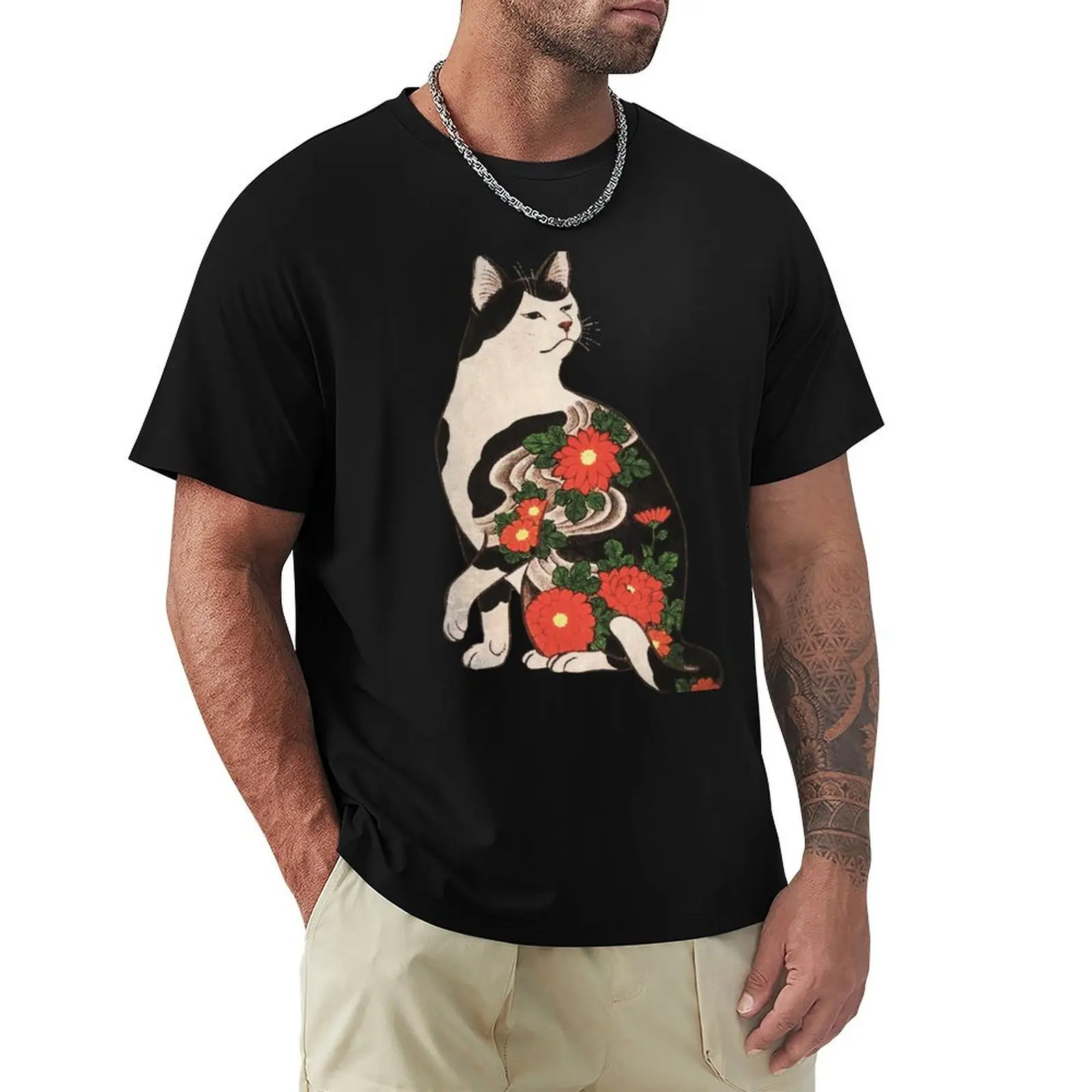 Antique Japanese Woodblock Print Cat with Flower Tattoos T-Shirt Anti-Fade Casual Tee Shirt