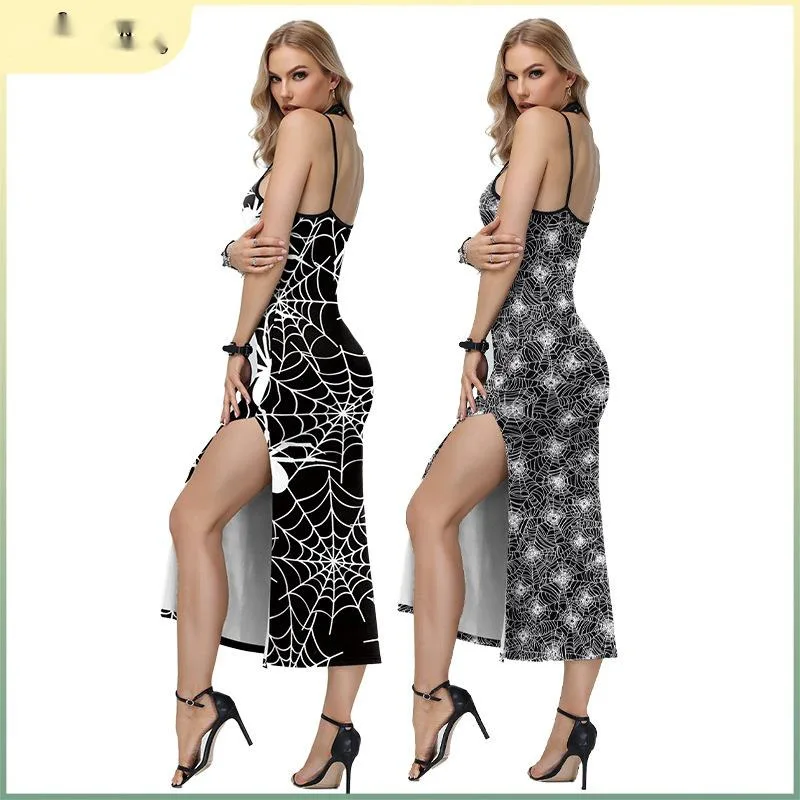 

Halloween Spider Web New Women's Suspender Slit Sexy Tiger Head Digital Printed Dress For Women