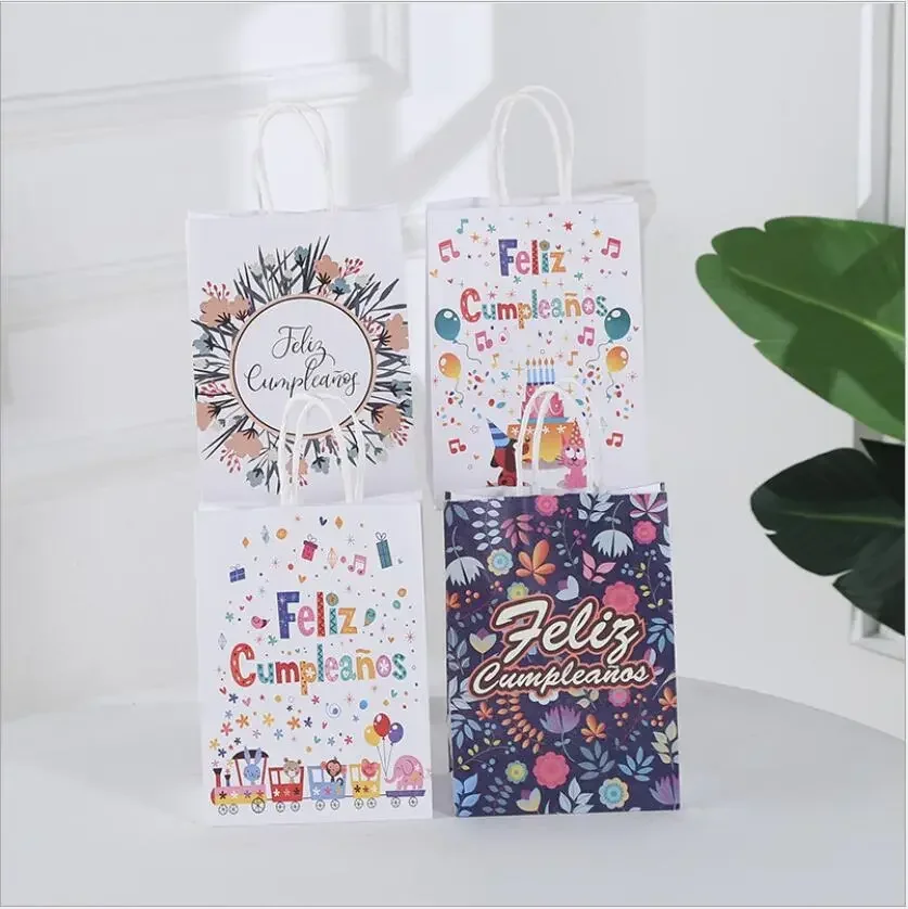 

24pcs Kraft Paper Party Bags Spanish Happy Birthday Candy Cookie Packaging Bags For Gift With Handle