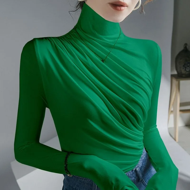 Pleated Top Women's 2024 Autumn New Turtleneck Fashion Inner Wear Outfit Irregular Winter Long-sleeved Slim Fit Pullover