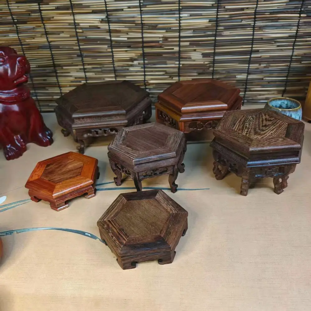 Wenge Wood Hexagonal Pedestal Stand For Carving Art Sculpture Vase Base Office Ornament Display Rack Natural Texture