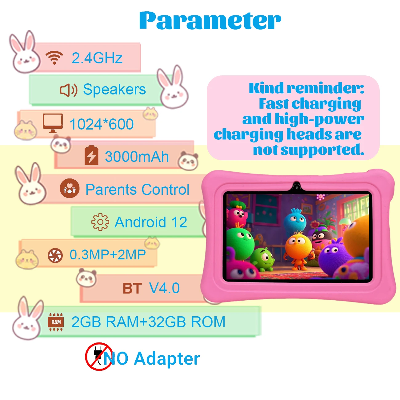 Suitable for Children Aged 3-12, 7inch Android Children's Tablet with Parental Control, Pre-Installed Educational Software, Dual Cameras, Supports Wifi, Two Color Options, Is a Favorite Gift for Children, Does Not Come with a Plug