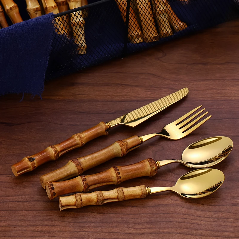 

24Pcs Dinnerware Sets Original Nature Bamboo Handle Cutlery Stainless Steel Knife Fork Spoon Purely Natural Bamboo Tableware Set