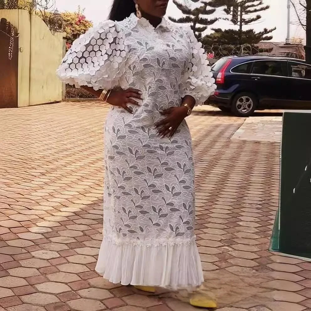 

Large Size Women's Elegant Lace Embroidered Shirt Long Skirt A-Line Dress Bubble Sleeve Citywalk Side Zipper Irregular Hem