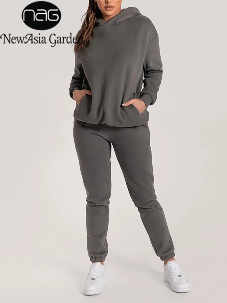 NewAsia 2 Piece Pants Set Long Sleeve Hoodie Pocket Sweatpants Tracksuit Women Casual Streetwear Fashion Matching Couple Outfits