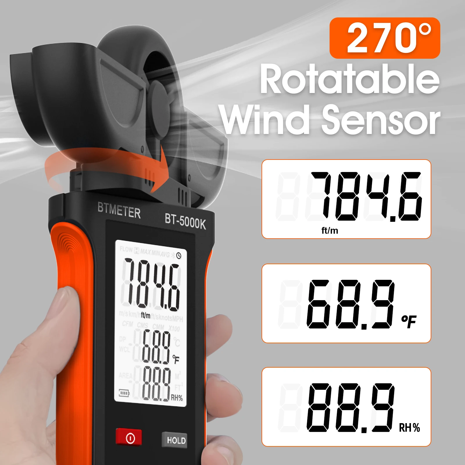 Miernik prędkości wiatru, cyfrowy anemometr zewnętrzny, BT-5000K mierzyć prędkość wiatru, prędkość 67 Mph, podświetlenie, powłoka ochronna