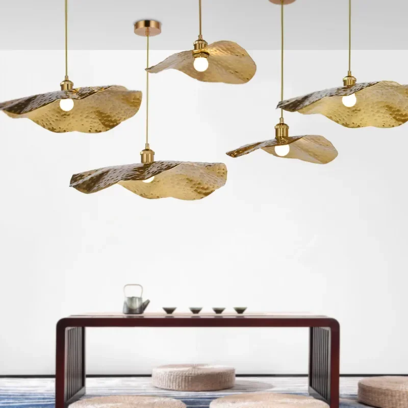 

E27 Suspension Light Lotus Leaf Chandelier Creative Personality Copper Lamp Cafe Lighting Bedroom Living Room Simple Bar Counter