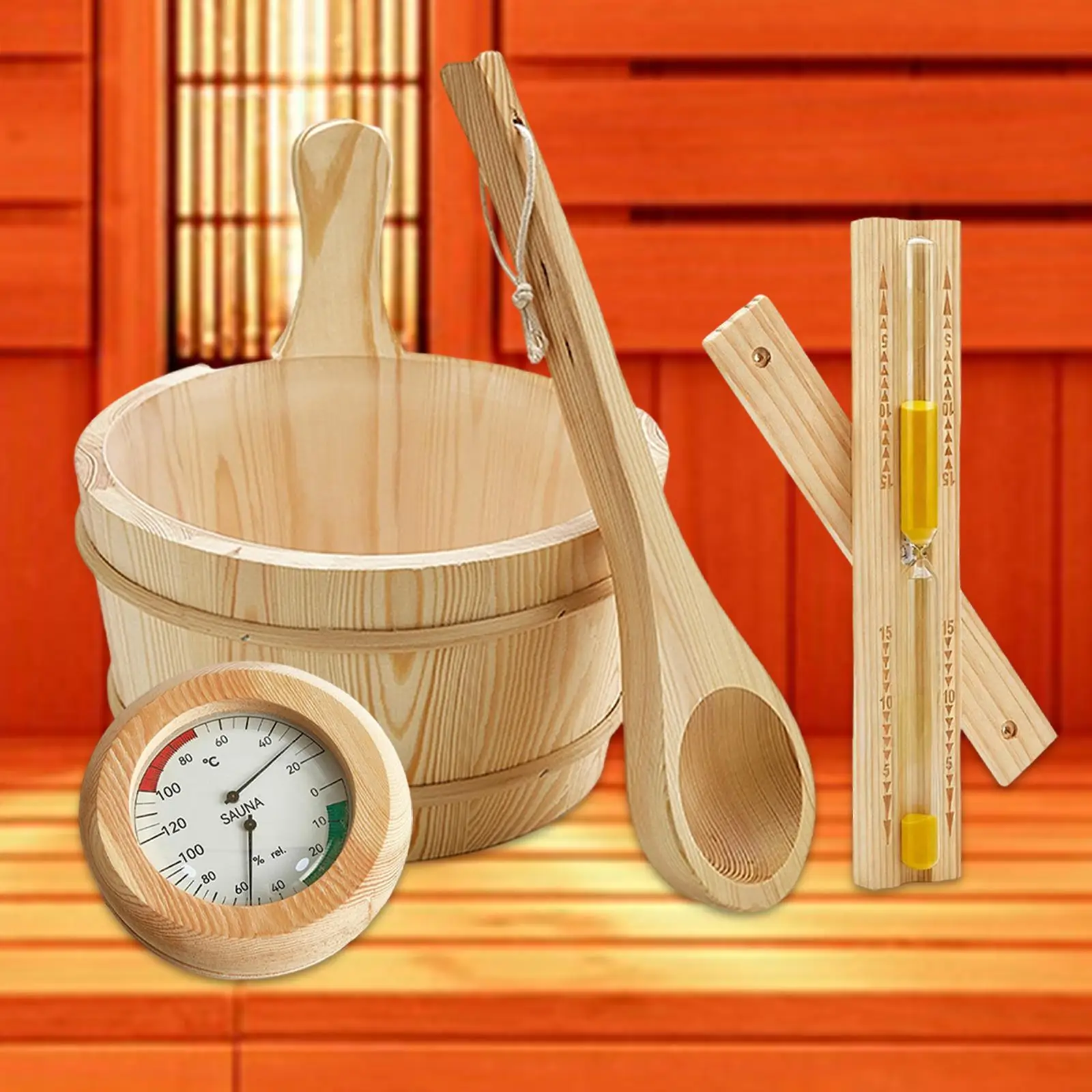 

4L Sauna Bucket with Matching Ladle Hourglass Timer and Clear Thermometer Portable Wooden Set for Home Spa