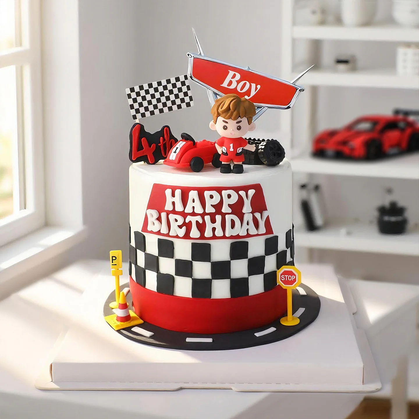 Cartoon Junge Geburtstagstorte Topper Dekor Rot Little Racer F1 Autorennen Thema Weiche Gummi Puppe Ornamente für Kinder Party