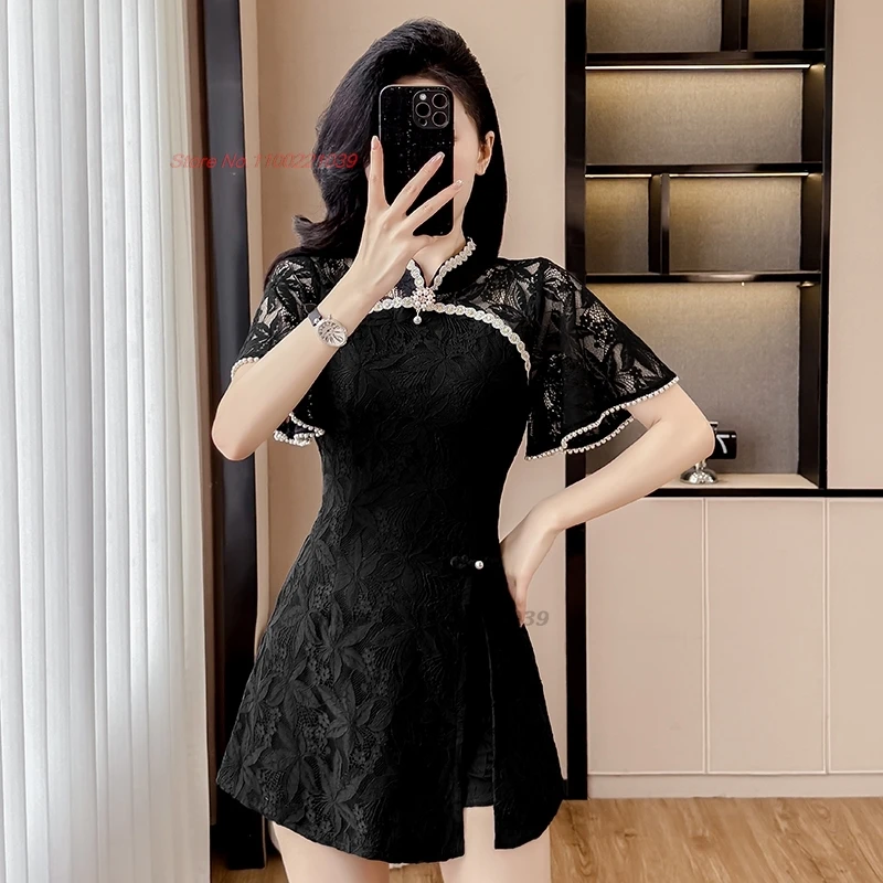 2025 chinês sexy qipao melhorado cheongsam vestido + shorts rendas flor boate vestido qipao hotel spa trabalho vestido uniforme de beleza