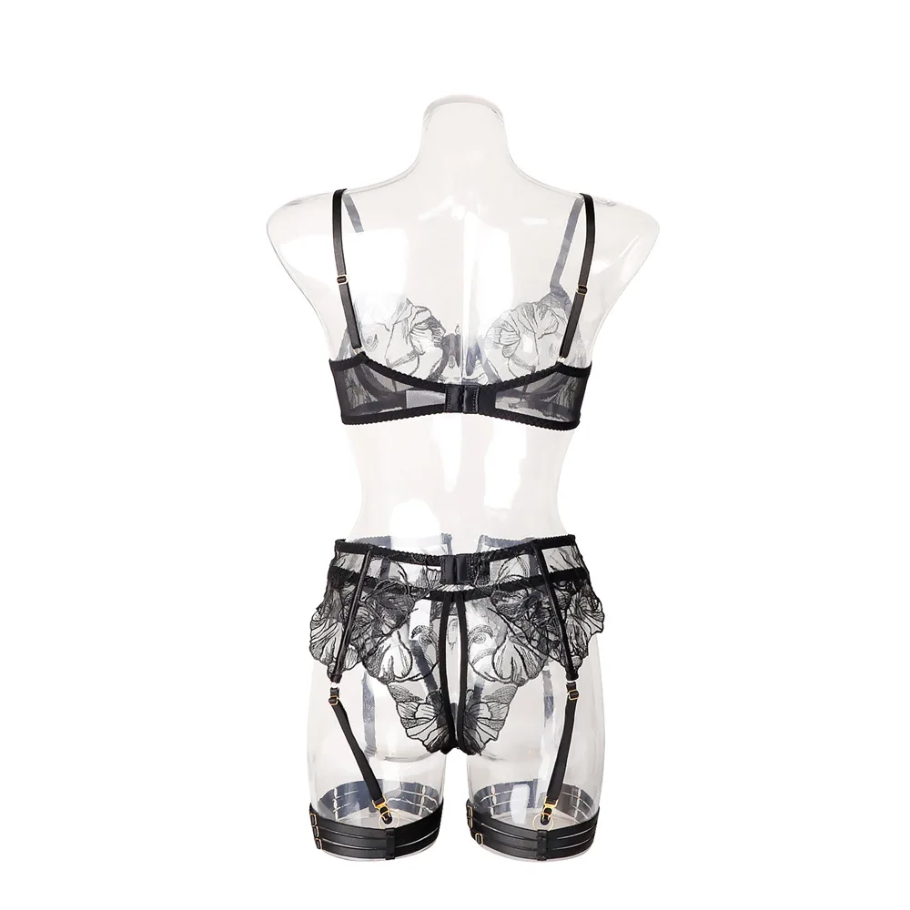 Conjunto de Lencería Femenina Toucheart con Bordado Floral, Sujetador Push-Up de Encaje, Liguero, Faja Reductora, Tanga, Guantes, Ropa Interior Sexy y Atractiva