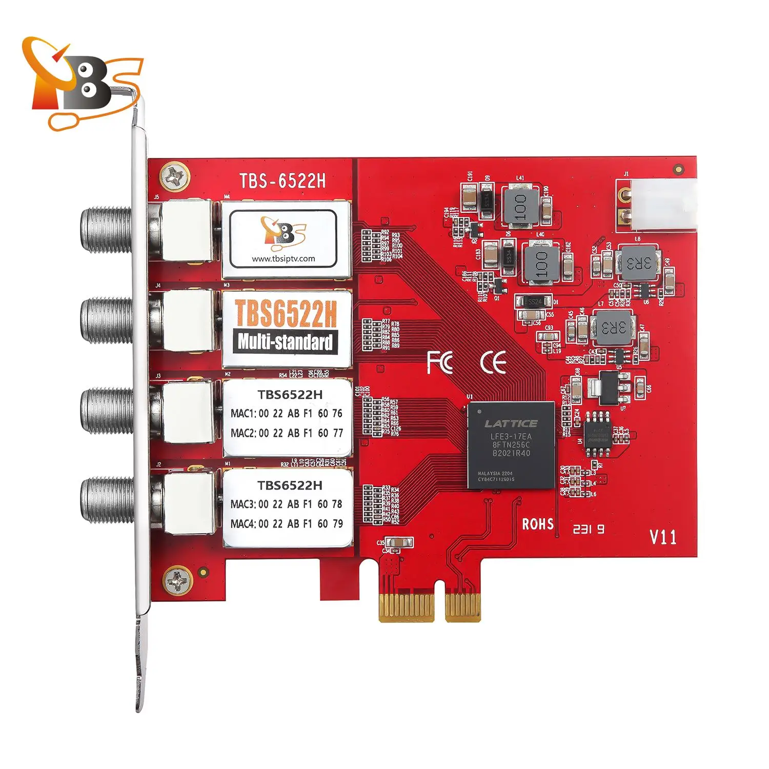 TBS6522H DVB-S2X/S2/S/T2/T/C2/C (J.83A/B/C)/ISDB-T/C/atsc1. 0 Quad (2SAT + 2Ter/kabel) karta PCIe tunera