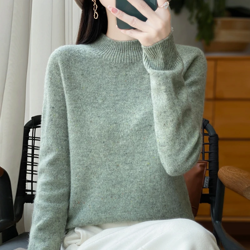 Thickened Women\'s 100% Merino Wool Semi-high Neck Pullover Warm Sweater In Autumn and Winter Women\'s Long-sleeved Knit Top