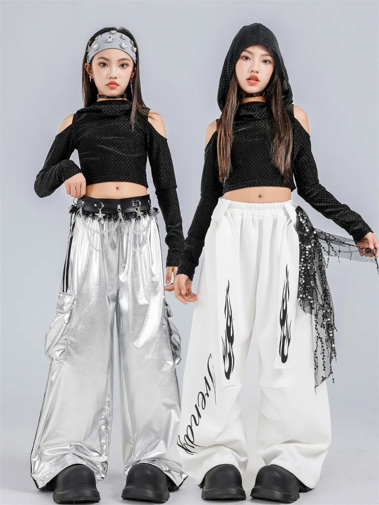 Ropa informal estilo Hip Hop para niñas, baile Kpop, Top negro con capucha, pantalones Cargo, conjunto de ropa de traje de baile de Jazz para niños