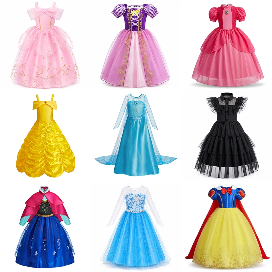 Girls Princess Dress Cosplay Costume Kids Halloween Fancy Dress Up Snow Queen Yellow Beauty Pink Purple Gown Party Clothes